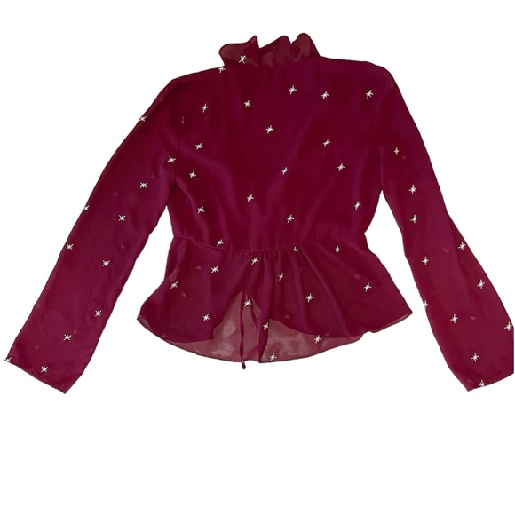 Red Honey Punch Long Sleeve Top With Plunge Ruffle Neck with Embroidery - Picture 3 of 9